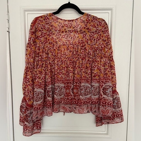 Free People Tiered Kimono Tie Front Orange Red Pattern Flowy Lightweight Blouse - Picture 10 of 14